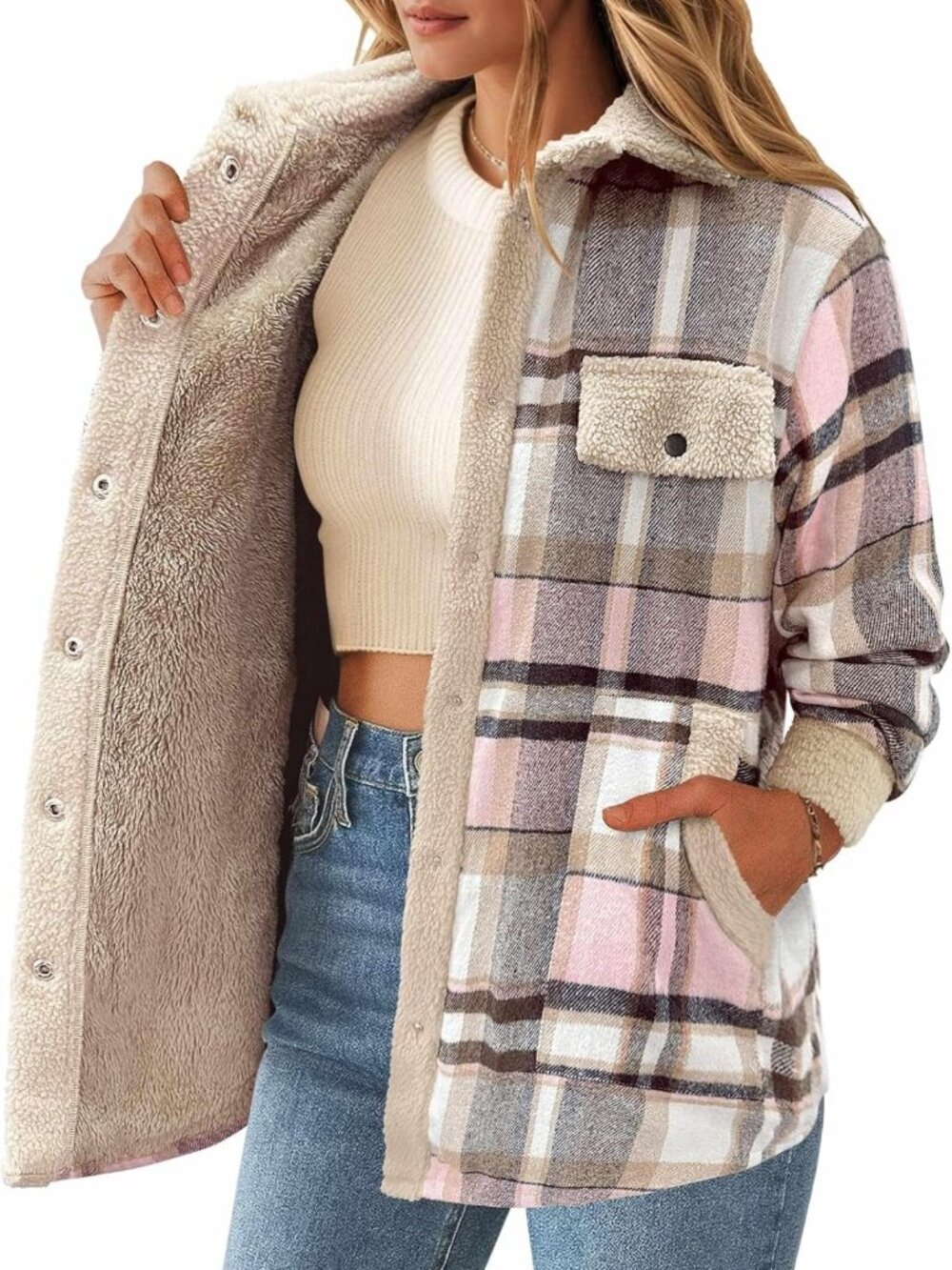 Cozy Women's Flannel Shacket, Fleece-Lined Plaid Jacket for Fall Outfits